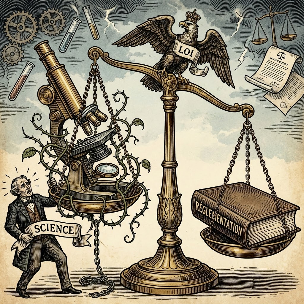 Illustration symbolique de la balance de la justice et d'un microscope, représentant le conflit entre science et réglementation.